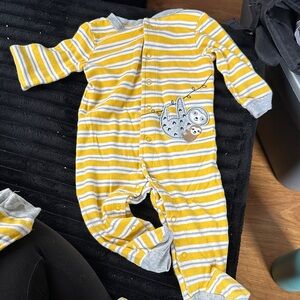 child of mine Yellow and Gray Striped Footed One-Piece with Sloth Applique